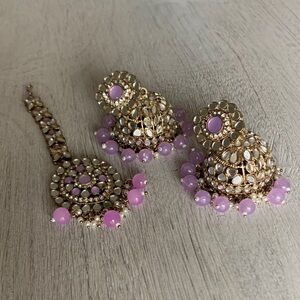Purple Mirrored Kundan Jhumka Earrings with Maang Tikka